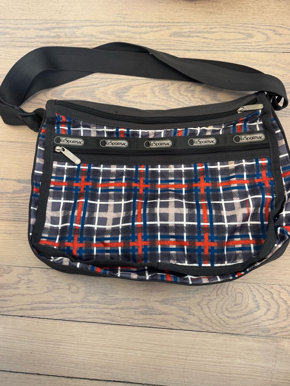 LESPORTSAC Red Blue Black White Plaid Deluxe Everyday Bag